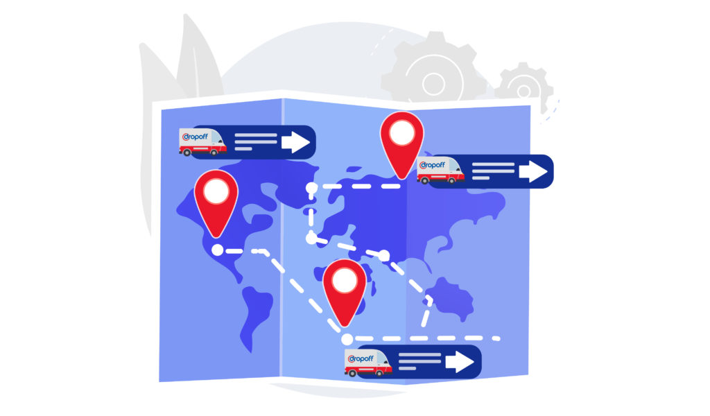 A global map featuring Dropoff couriers driving from place to place.