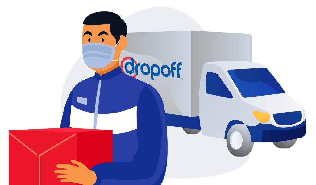 A Dropoff courier holding a package in front of a dropoff vehicle.