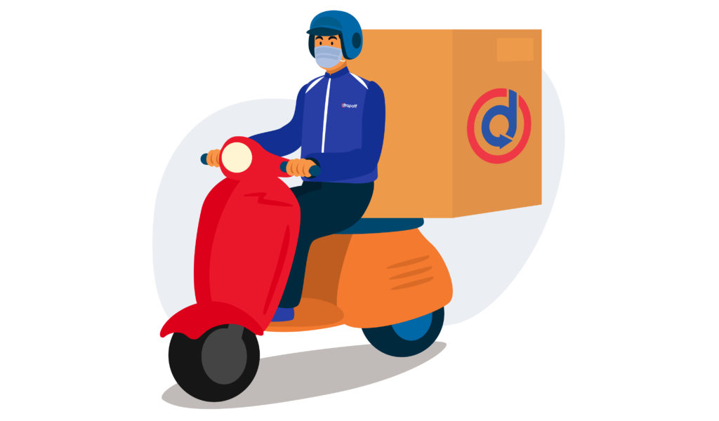 A Dropoff courier on a motorcycle transporting a package