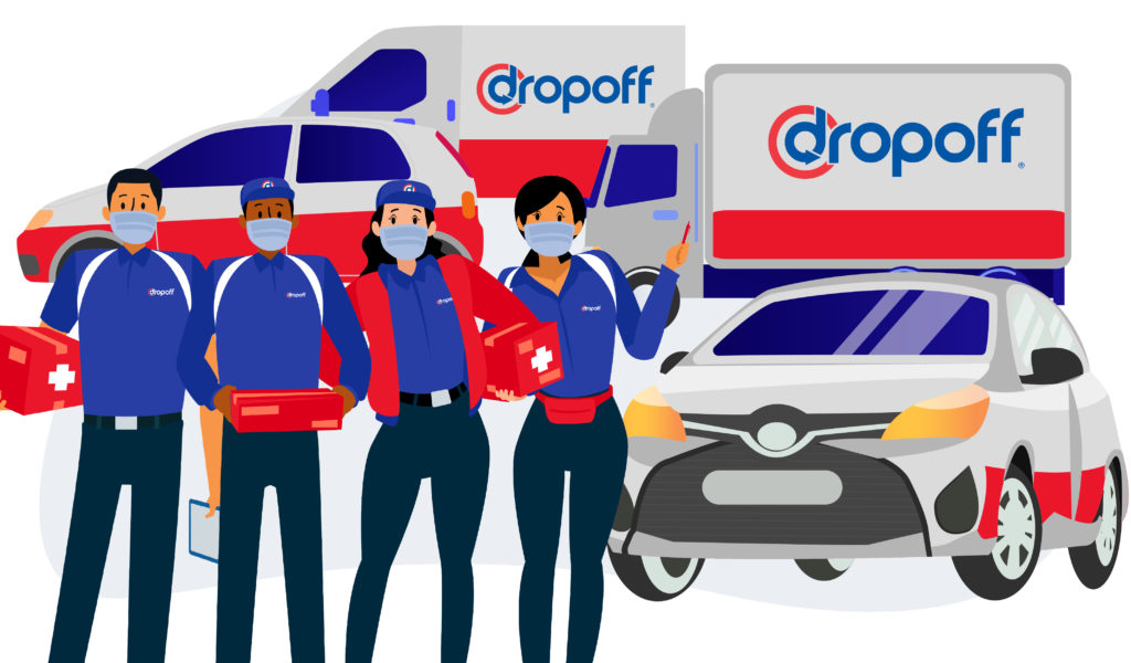 A team of Dropoff couriers standing in front of 4 branded vehicles.