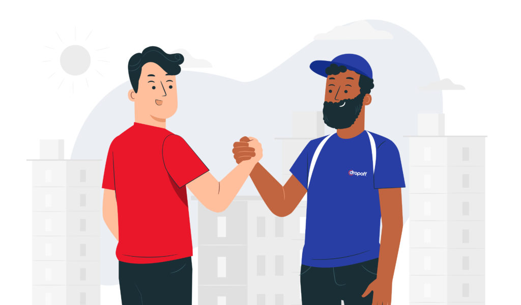 A business owner shaking hands with a Dropoff courier