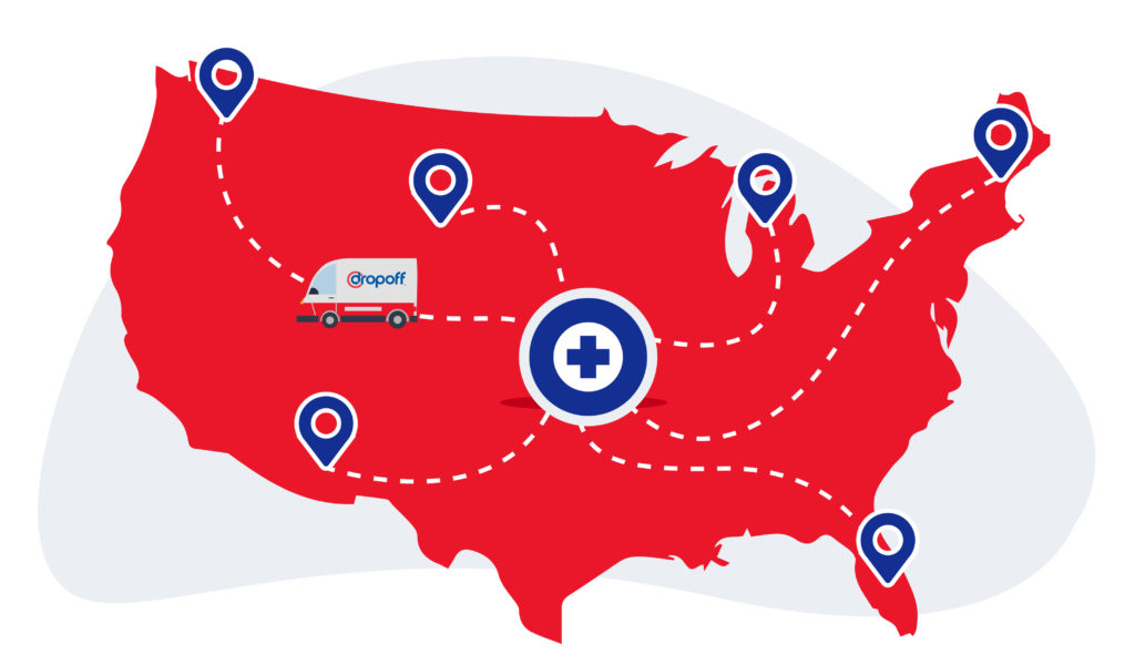 A map of the united states with a Dropoff courier delivering medical supplies across the country.