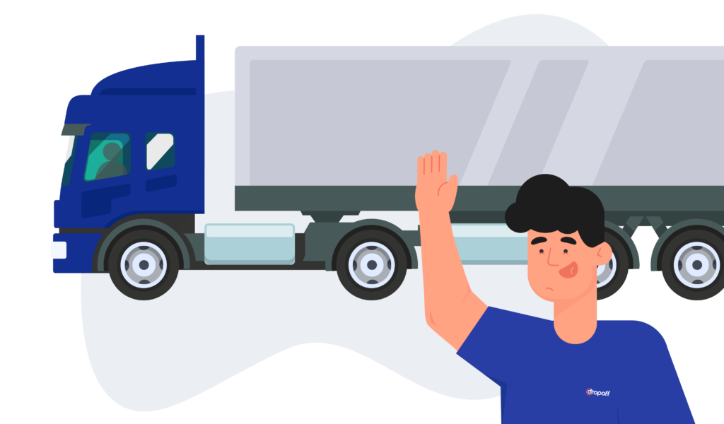 A Dropoff courier waving at a truck driver.