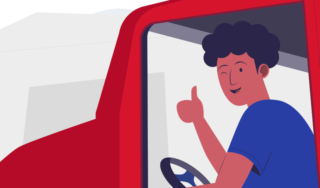 Dropoff courier giving the reader a thumbs up from the drivers seat
