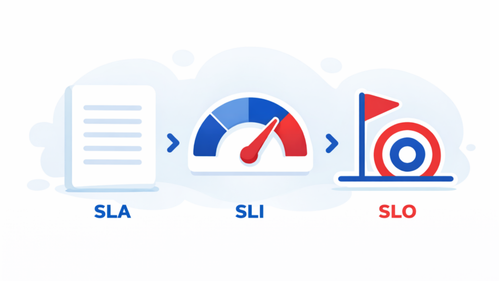 Visual explanation of SLA vs SLI vs SLO in logistics, showing agreement, measurement, and performance target.