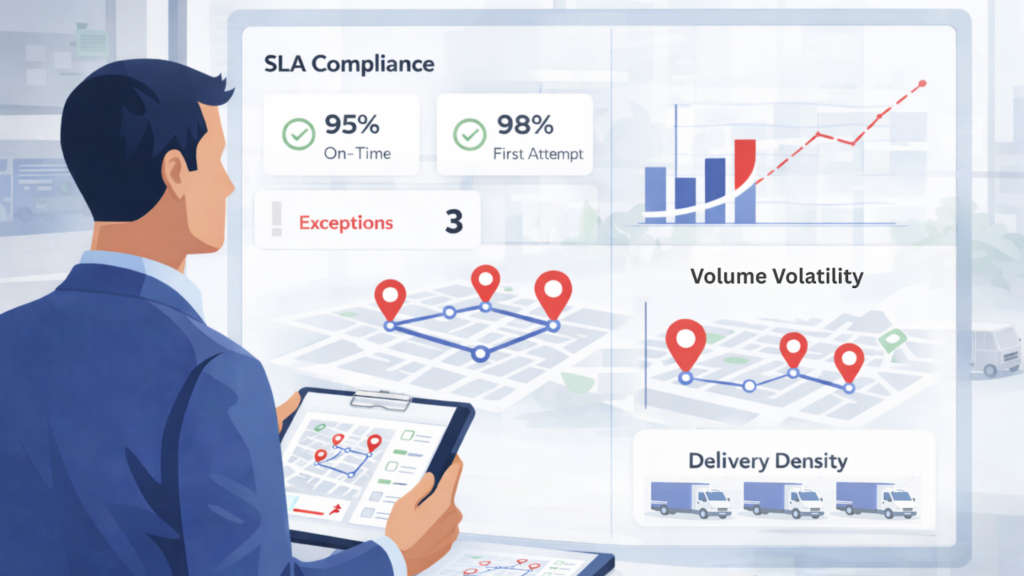 Retail delivery fleet manager monitoring SLA compliance, delivery density, and volume volatility on a last-mile performance dashboard.