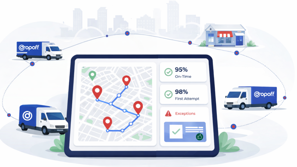 Retail delivery fleet management dashboard showing last-mile delivery routes, SLA performance metrics, and real-time tracking across a retail network.