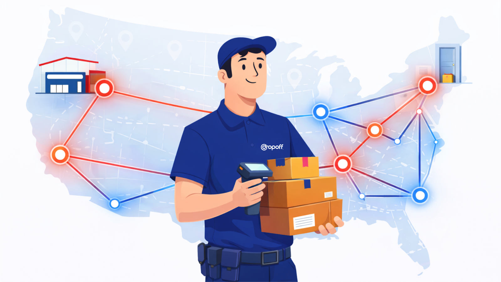 Last-mile delivery network visualization showing U.S. coverage map with connected metro nodes and courier holding packages, representing national ecommerce delivery partners and network density.