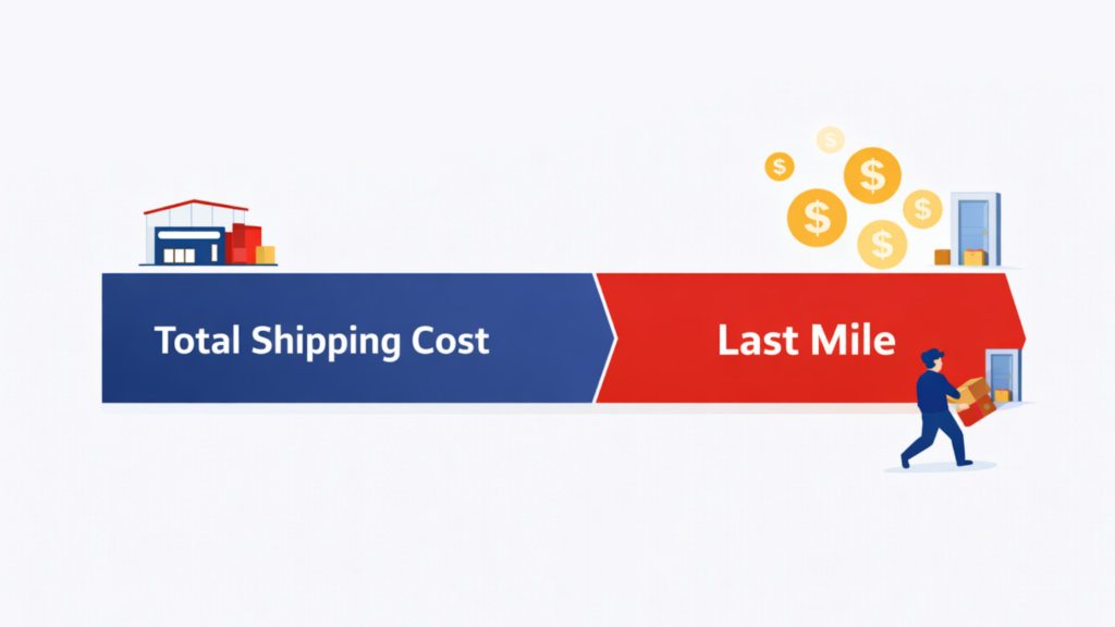 Infographic showing last-mile delivery accounting for more than 50% of total shipping costs, highlighting cost concentration in ecommerce fulfillment.