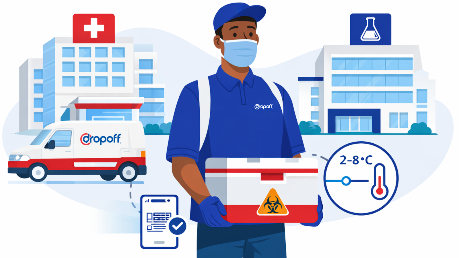 Biological sample courier transporting temperature-controlled medical specimens between hospital and laboratory with chain-of-custody tracking and insulated specimen cooler.