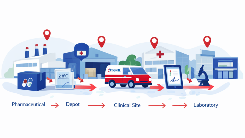 Clinical trial logistics supply chain showing investigational product distribution from pharmaceutical manufacturer to depot, clinical research site, and laboratory via temperature-controlled medical courier.