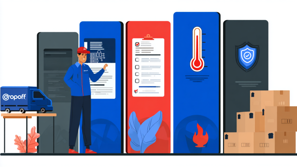 Visual framework showing core pillars of last-mile logistics risk management, including SOP standardization, temperature control, compliance, visibility, and security.