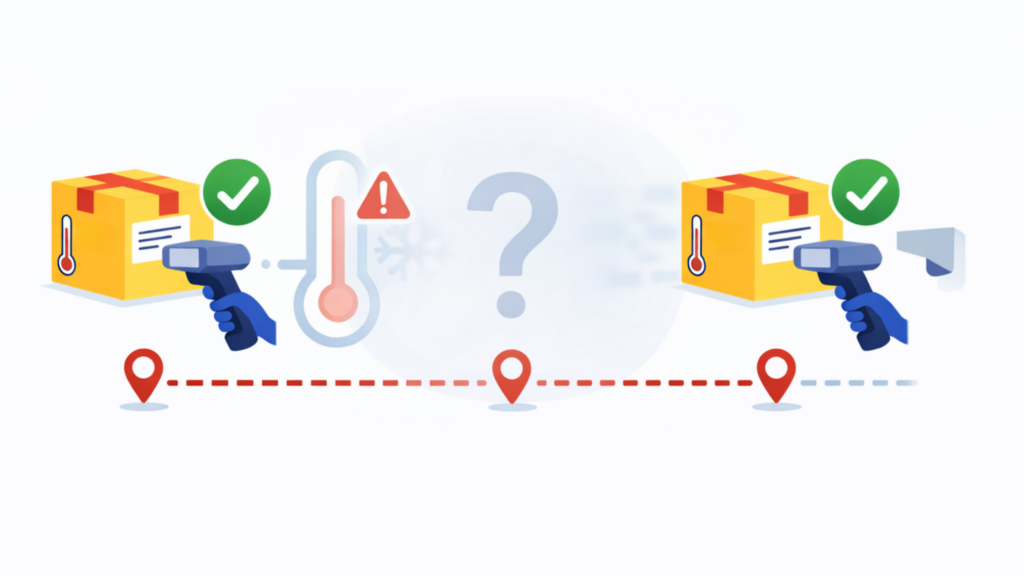 Cold chain logistics timeline showing scanned package, visibility gap with unknown handling conditions, and next verified scan with temperature risk indicator