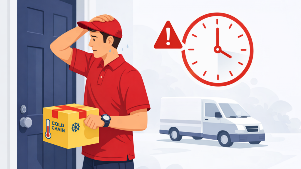 Healthcare delivery courier at closed residential door holding temperature-controlled package, showing stress and delay with warning icon and time pressure.