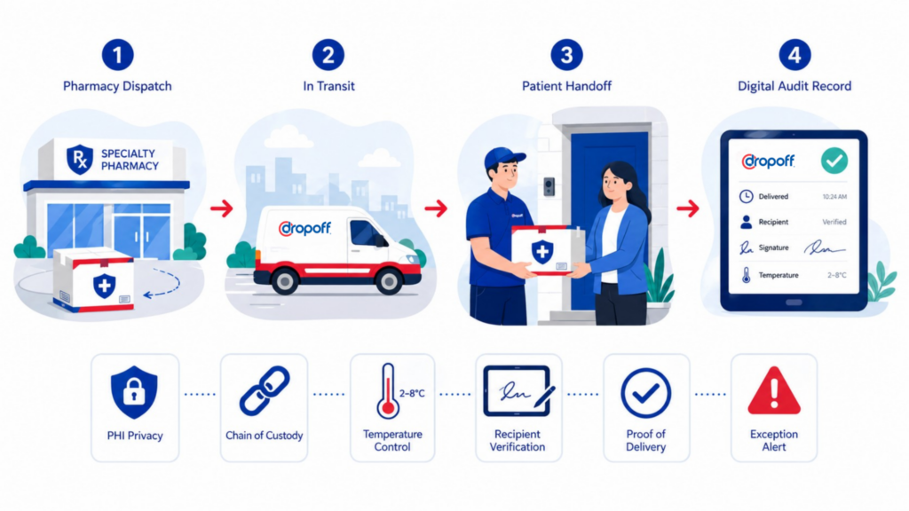 Specialty pharmacy last-mile delivery compliance workflow from dispatch to proof of delivery
