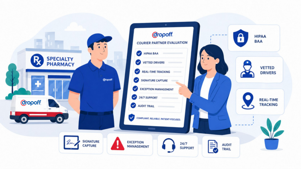 Specialty pharmacy evaluating a HIPAA compliant pharmacy courier for audit-ready last-mile delivery