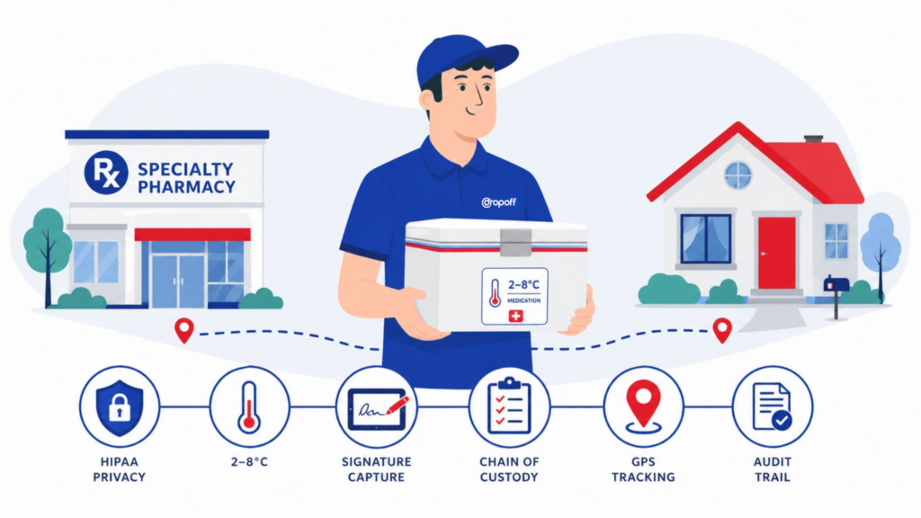 Dropoff courier managing pharmaceutical logistics compliance for specialty pharmacy last-mile delivery