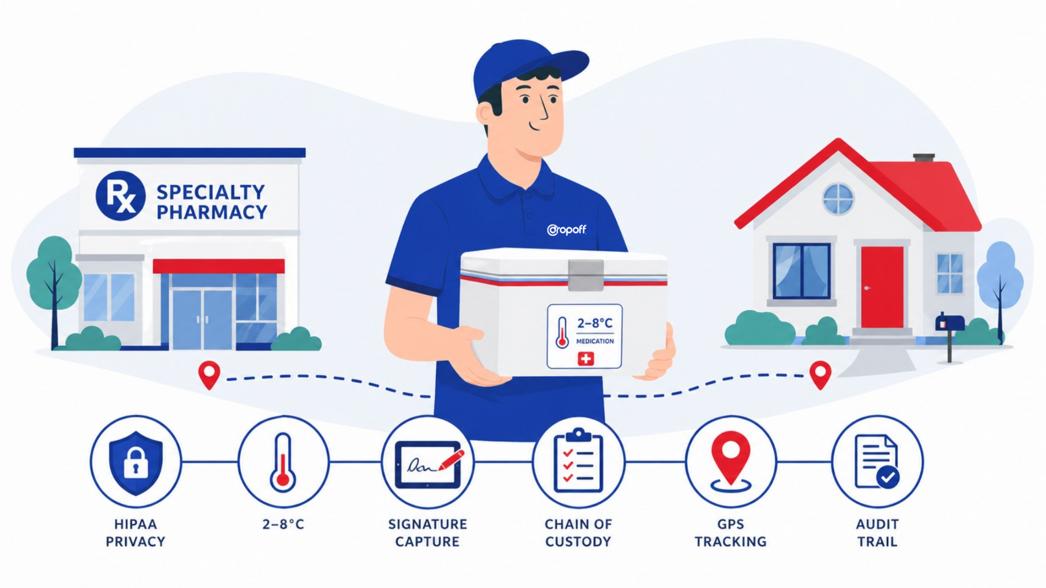 Dropoff courier managing pharmaceutical logistics compliance for specialty pharmacy last-mile delivery