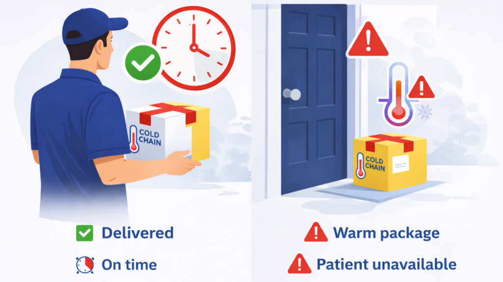 Split screen of healthcare delivery showing on-time successful dropoff versus failed outcome with warm package and patient unavailable warning