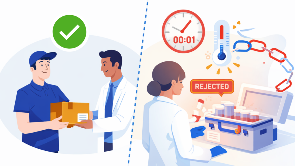 Clinical trial logistics illustration showing successful delivery versus failed specimen shipment due to temperature excursion, timing delay, and broken chain of custody