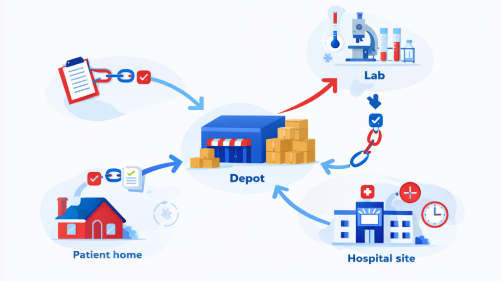Clinical trial supply chain diagram connecting depot, lab, hospital site, and patient home with arrows showing temperature-controlled shipping, chain of custody, and decentralized trial logistics