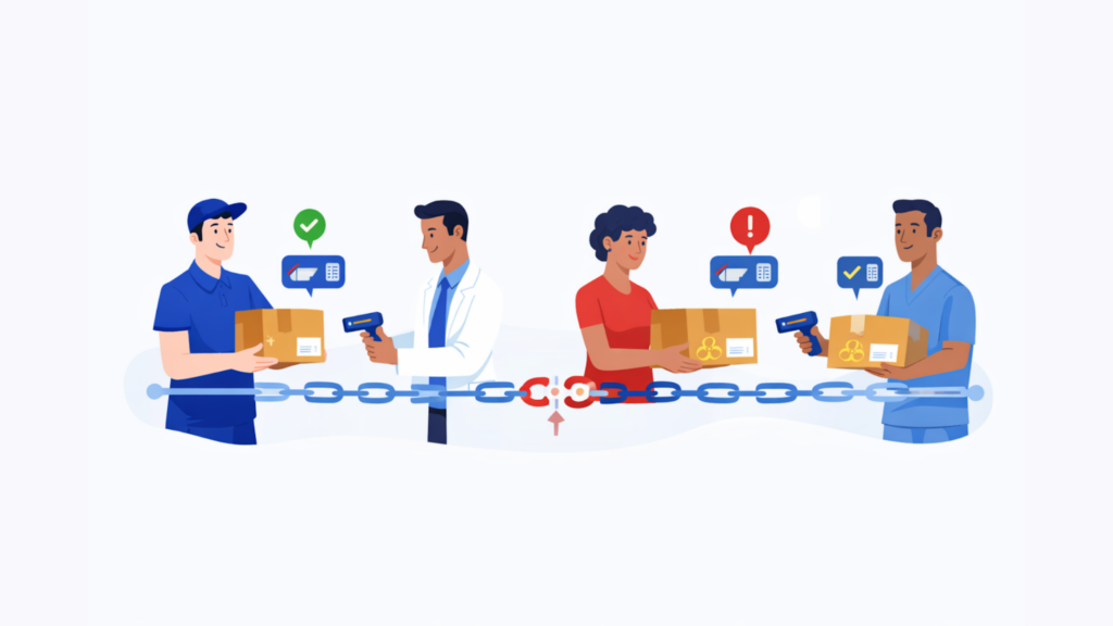 Chain of custody in clinical trial logistics showing multiple handoffs with scan tracking, proof of delivery, and a broken link indicating loss of traceability