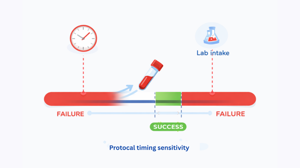 Clinical trial specimen transport timeline showing narrow delivery window for lab intake with success and failure zones highlighting protocol timing sensitivity.