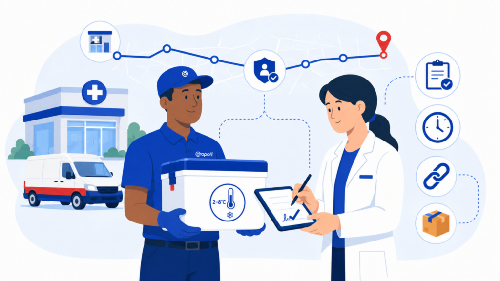 Specialty pharmacy courier completing proof of delivery with chain-of-custody documentation and cold chain medication handling