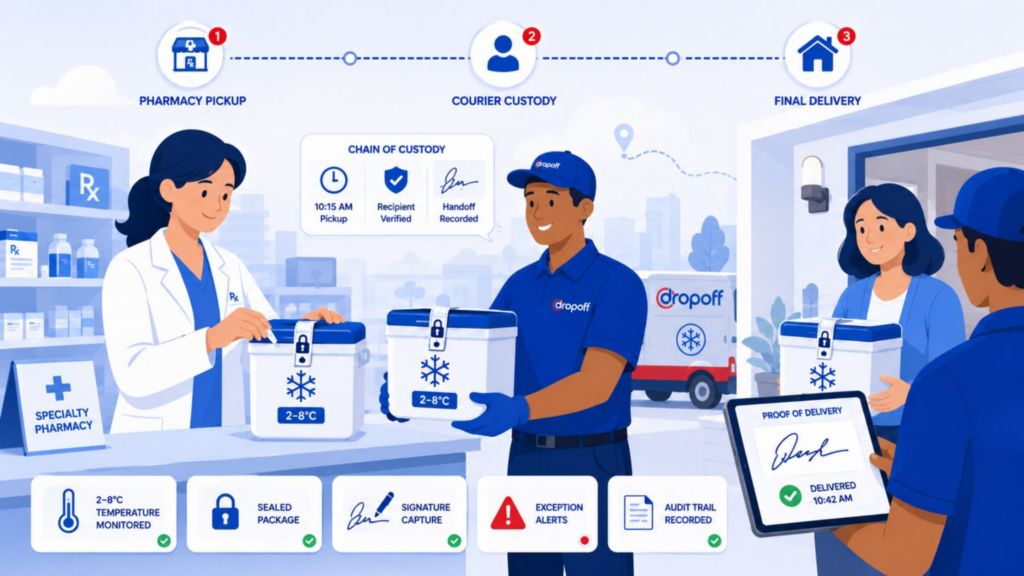 Cold chain specialty pharmacy delivery showing 2–8°C temperature control, chain of custody, courier handoff, and proof of delivery.