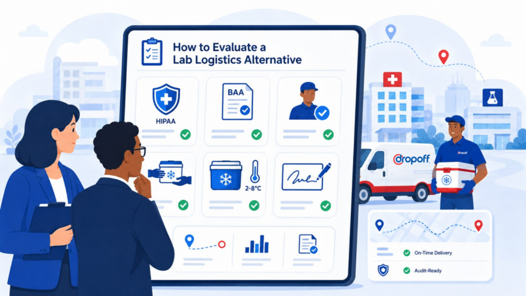 Healthcare courier evaluation checklist showing HIPAA, BAA, chain of custody, cold chain, and proof of delivery requirements