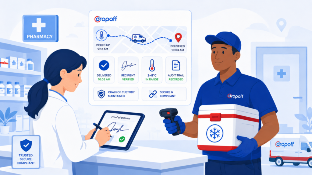 Dropoff courier completing healthcare delivery with signature capture, chain of custody, real-time tracking, and audit trail