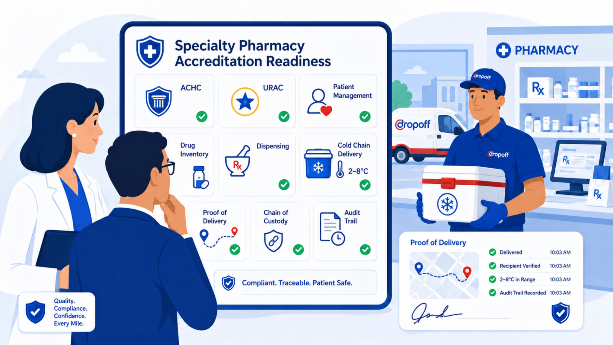 Specialty pharmacy accreditation dashboard showing ACHC, URAC, cold chain delivery, proof of delivery, chain of custody, and audit trail readiness.
