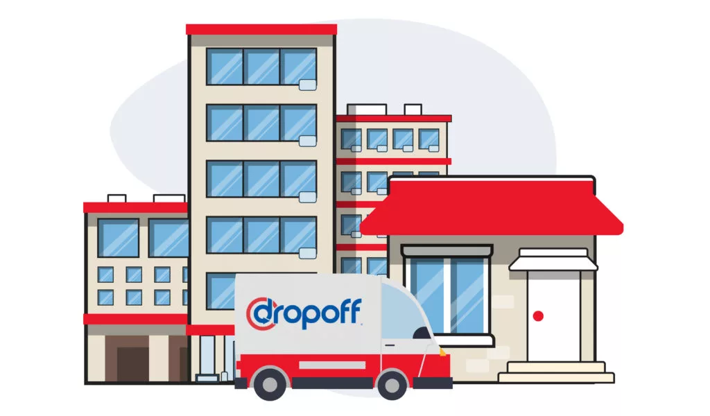 A Dropoff courier parked outside a corporate building and a startup.