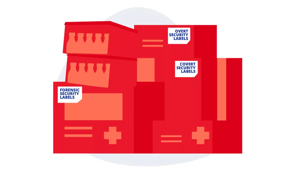 Medical boxes with various pharmaceutical security labels on them
