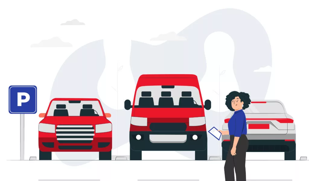 In-house vs third-party fleet management. A Dropoff courier standing in front of 3 different vehicles in a parking lot.