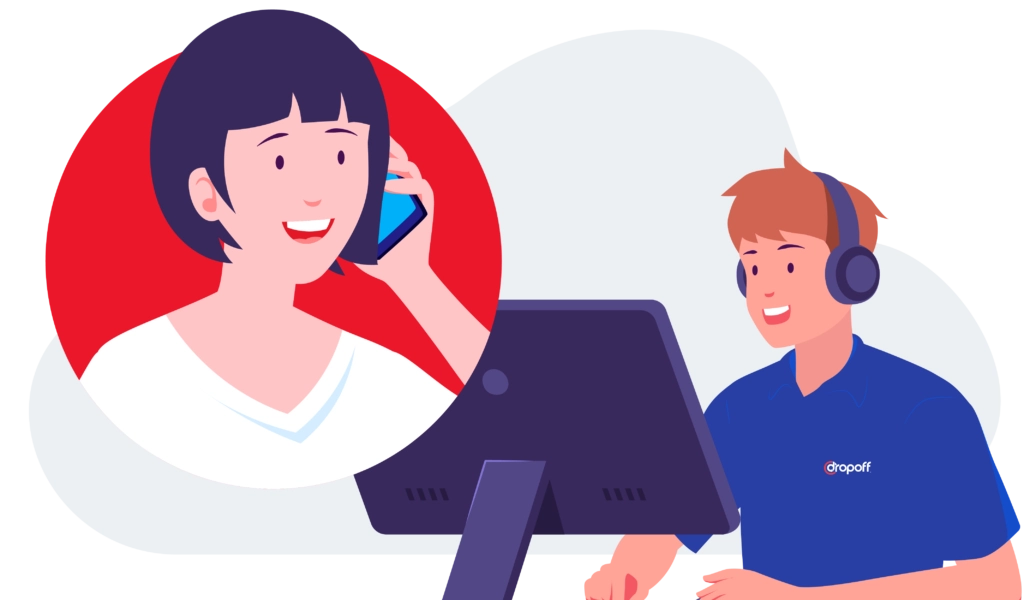 A business owner talking to a Dropoff customer service agent over the phone.