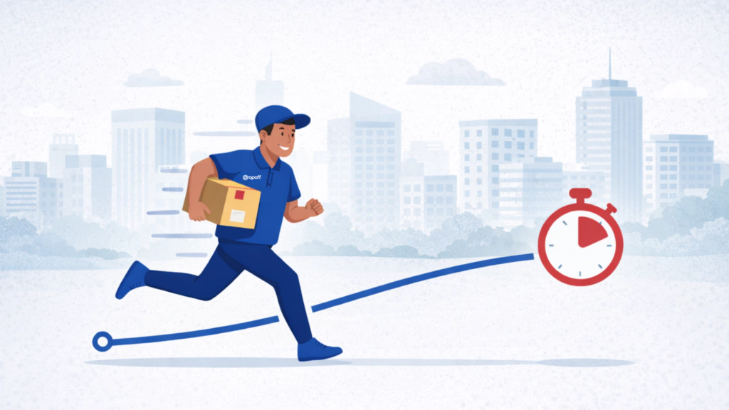 Visual example of STAT last-mile delivery with a dedicated courier, single package, and countdown timer indicating urgent, time-critical delivery.