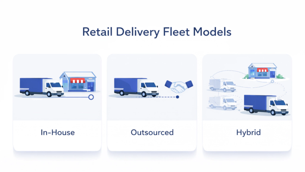 Comparison of retail delivery fleet models including in-house, outsourced, and hybrid last-mile delivery strategies.