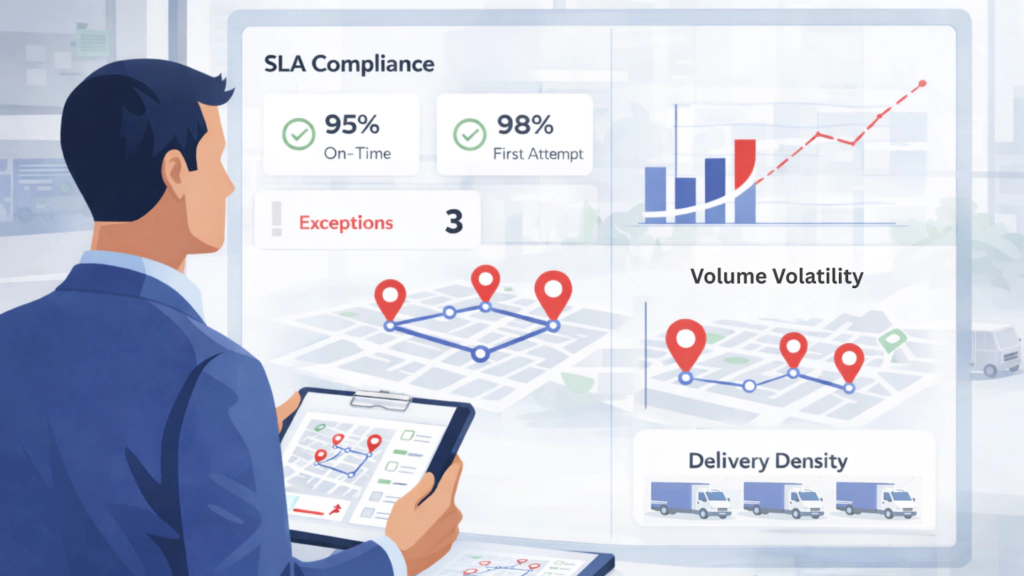 Retail delivery fleet manager monitoring SLA compliance, delivery density, and volume volatility on a last-mile performance dashboard.
