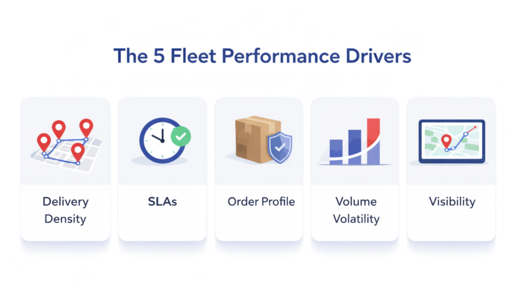 Infographic illustrating the five key retail delivery fleet performance drivers: delivery density, SLAs, order profile, volume volatility, and visibility.