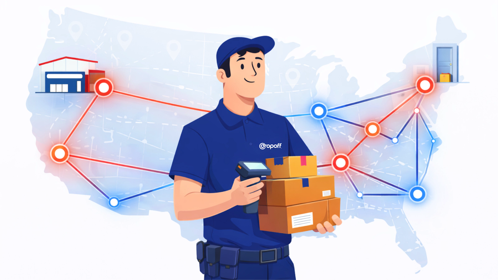 Last-mile delivery network visualization showing U.S. coverage map with connected metro nodes and courier holding packages, representing national ecommerce delivery partners and network density.