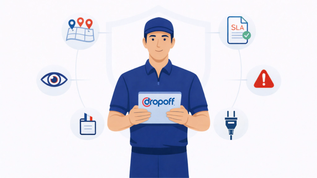Last-mile evaluation framework illustration showing delivery professional with tablet surrounded by icons for coverage, SLAs, tracking visibility, exception handling, and API integration.