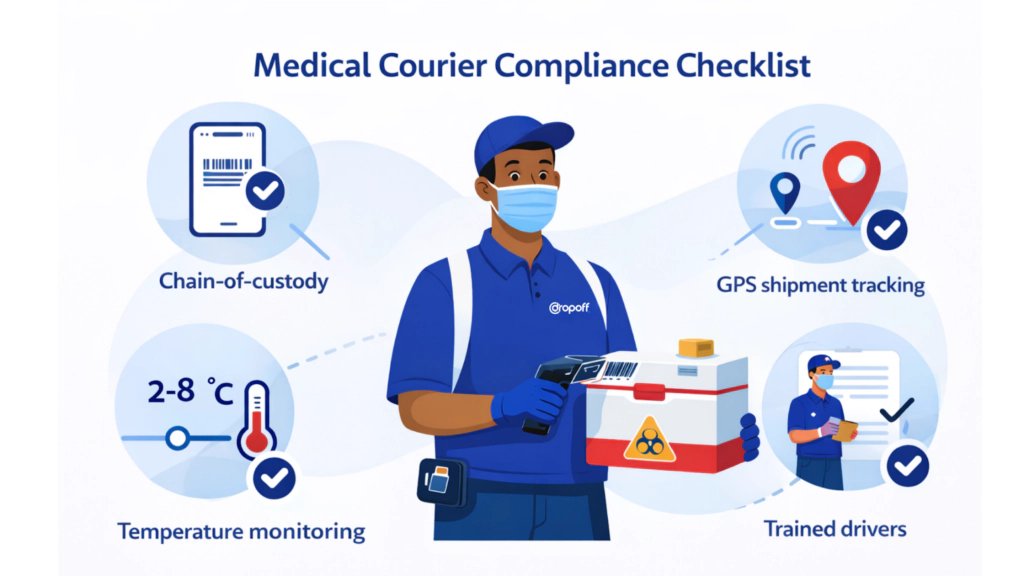 Biological sample courier compliance checklist showing chain-of-custody scanning, GPS shipment tracking, temperature monitoring (2–8°C), trained medical courier drivers, and proof of delivery for secure specimen transport.