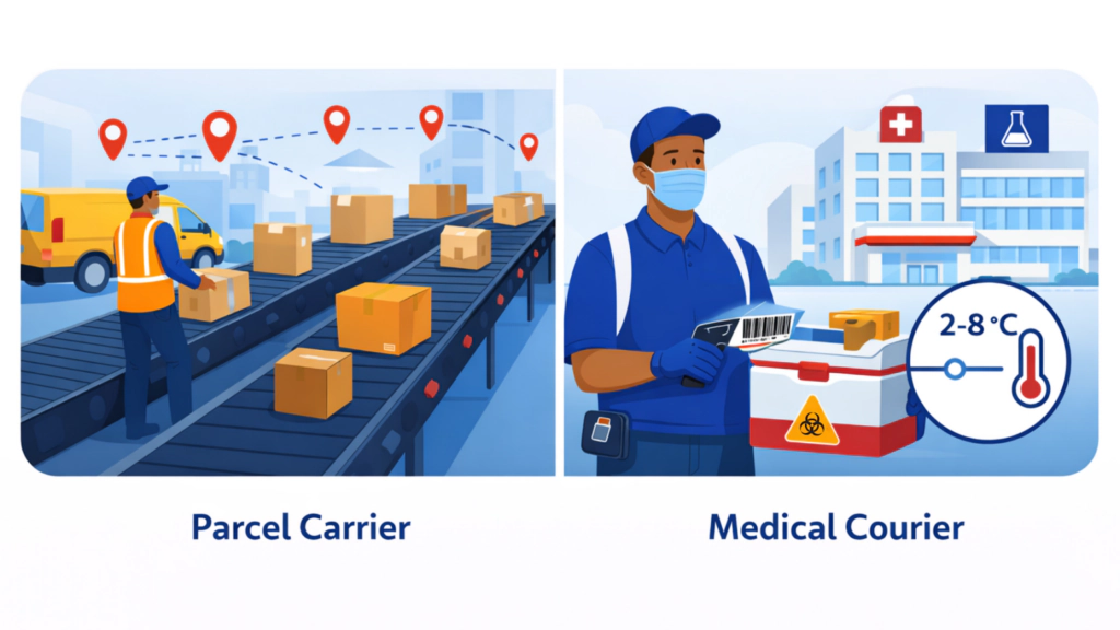 Illustration comparing parcel carriers vs dedicated biological sample courier, showing generic package conveyor network on one side and medical courier transporting temperature-controlled specimens with chain-of-custody scanning on the other.