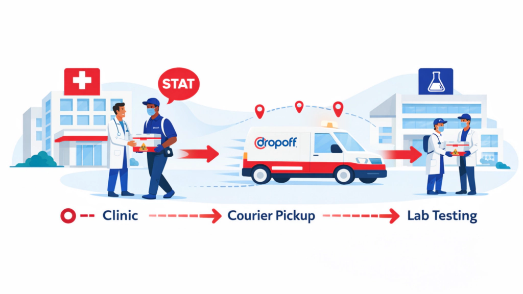 STAT medical courier workflow showing clinic handing off a biological specimen to a courier, direct transport by delivery van, and laboratory receiving the sample for testing.