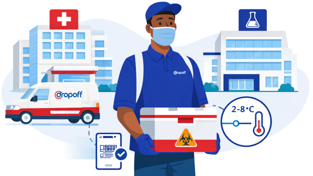 Biological sample courier transporting temperature-controlled medical specimens between hospital and laboratory with chain-of-custody tracking and insulated specimen cooler.