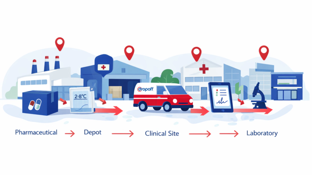 Clinical trial logistics supply chain showing investigational product distribution from pharmaceutical manufacturer to depot, clinical research site, and laboratory via temperature-controlled medical courier.