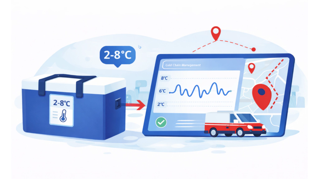 Cold chain management in clinical trials showing insulated pharmaceutical shipping container, 2–8°C temperature monitoring dashboard, and courier vehicle transporting biologics.