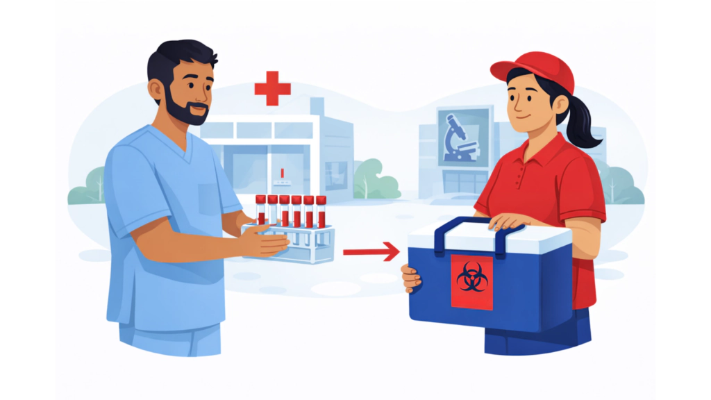 Clinical trial specimen transport showing healthcare worker transferring blood samples to medical courier with insulated biohazard cooler for laboratory delivery.