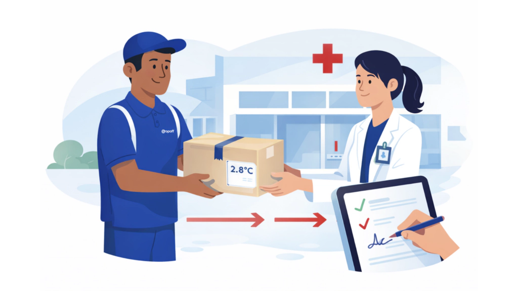 Medical courier delivering temperature-controlled investigational product to clinical research nurse with digital chain-of-custody signature and 2.8 C temperature label.